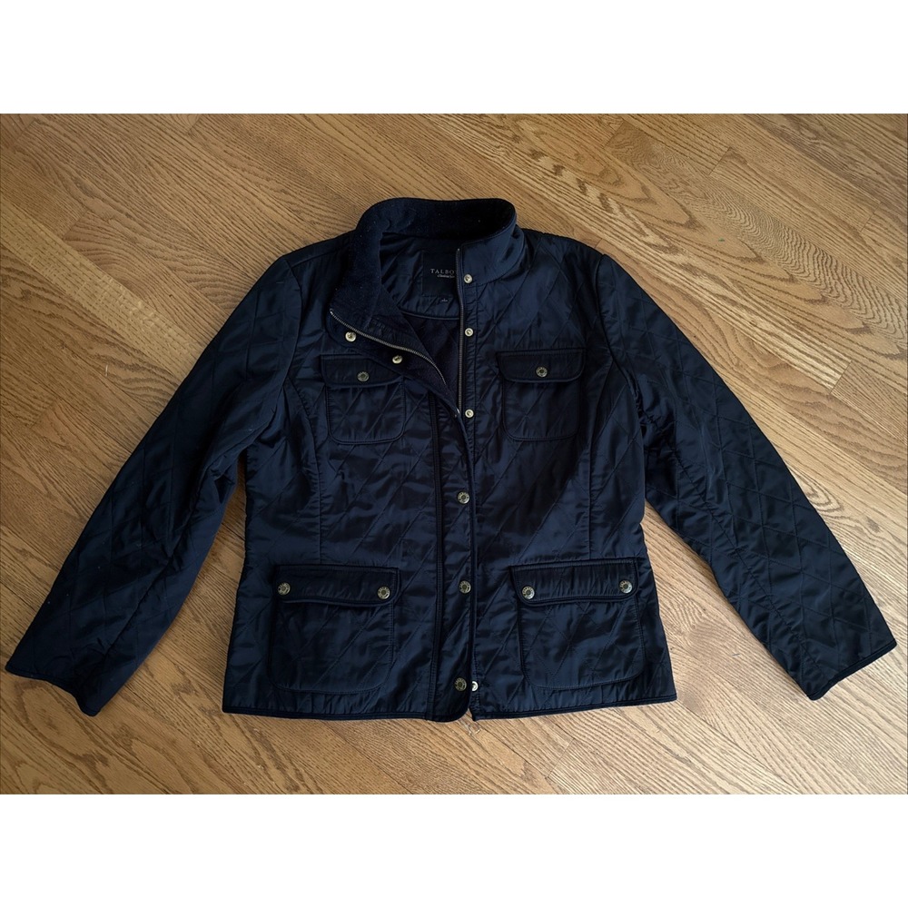 Talbots Quilted Utility Field Jacket Black Gold Snaps Women's Size Large